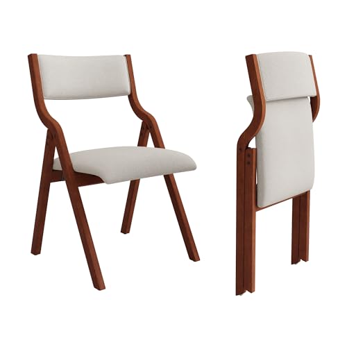 Ball & Cast Upholstered Folding Chairs Set of 2,with Padded Seat,Wooden Portable Dining Chairs W/Ergonomically Designed Back and Cushion,Easy Carry,No Need to Install,for Kitchen,White+Cherry