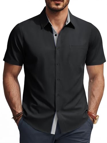 PJ PAUL JONES Mens Casual Shirts Untucked Short Sleeve Button Up Shirt Solid Summer Black Dress Shirt with Pocket S