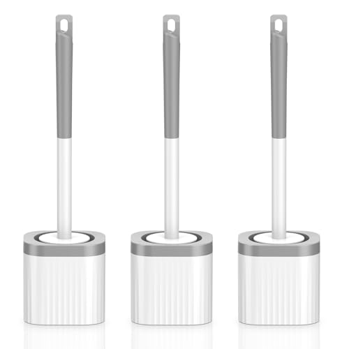 EZKEY Toilet Brush, 3 Pack Compact Toilet Bowl Brush and Holder Set with Nylon Bristles Toilet Cleaner Brush Hidden Toilet Scrubber Brush for Bathroom Cleaning, Grey & White