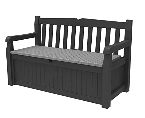 Keter Solana 70 Gallon Storage Bench Deck Box for Patio Storage, Front Porch Decor and Outdoor Seating – Perfect to Store Garden Tools and Pool Floats, Graphite
