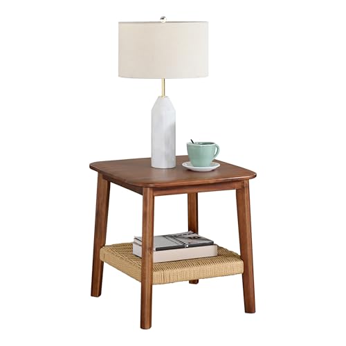 Alaterre Furniture Calais 2-Tier Solid Wood End Table with Woven Storage Shelf – Mid Century Modern Nightstand or Side Table for Living Room, or Bedroom (Chestnut)