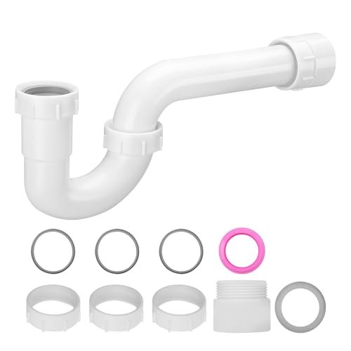 VEVOR P-Trap, 1-1/2 Inch P Trap Sink Drain Pipe Kit with Threaded Adapter and TPU Leak-Resistant Washers, PP Plastic Pipe Basin Waste Kit, Under Sink Plumbing for Kitchen Bathroom Sewer Drain, White