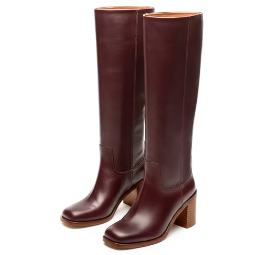 heelchic Burgundy Knee High Boots for Women, Square Toe Chunky Block Heeled Long Boots, Tall Boots 8.5