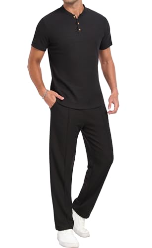 PrinStory Men's Short Sleeve Outfits Waffle Knit Henley Shirt and Pants Set Casual 2 Pieces Summer Tracksuits with Pockets Black-L