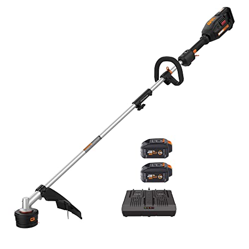 Worx Cordless String Trimmer, 15" Electric Weed Wacker with Dual-exit Head, 31CC Gas-Like 40V Brushless Weed Eater with Attachment-Capable Driveshare, 2 × 4.0 Ah Batteries & Charger Included, WG186