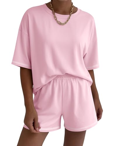 Ekouaer Lounge Sets for Women 2 Piece Shorts Pajama Sets Moisture Wicking Casual Summer Pj Sets with Pockets Pink