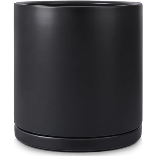 Kazeila 12 Inches Ceramic Planter Pot - Saucer and Drainage Hole - Full Glazed - Matte Black