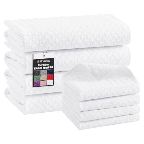 Homaxy Microfiber Waffle Weave Kitchen Towels Set, 16 x 28 Inch and 12 x 12 Inch Ultra Absorbent and Solid Color Dish Towels, 8 Pack, White