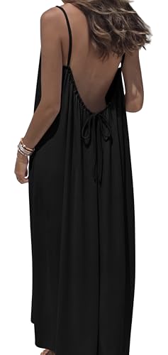 OFEEFAN Womens Summer Dresses 2026 Backless Cami Maxi Dress Plus Size Sundresses Spaghetti Strap Beach Vacation Clothes Swimsuit Coverup Black L