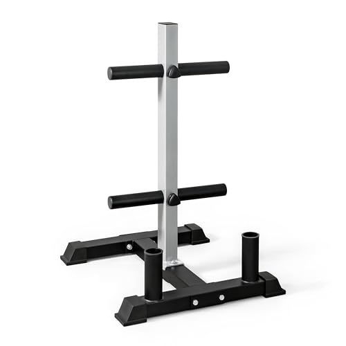 CAP Barbell Olympic Bumper Plate Tree Rack with 4 Weight Plate Posts and 2 Barbell Storage Holders – Heavy-Duty Steel Gym Organizer for Olympic Plates and Bars - Gray