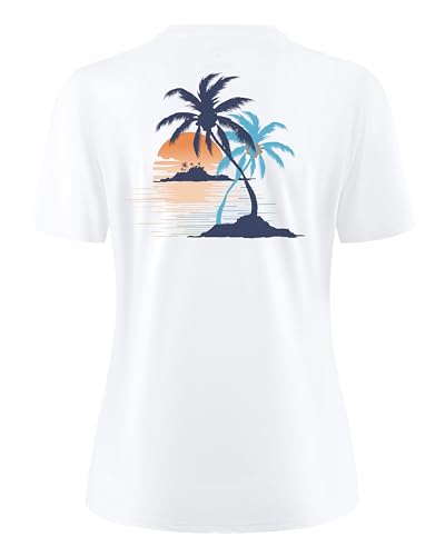 Women's Fishing Shirts UPF 50+ Short Sleeve UV SPF Sun Protection Lightweight Quick Dry T Shirts（White_Coconut_Tree_a L