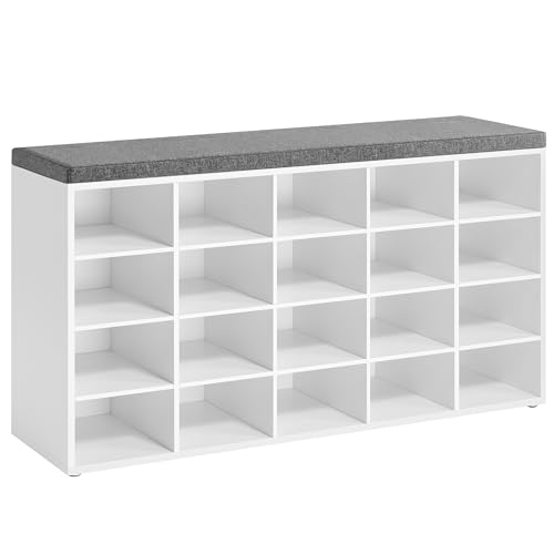 VASAGLE Custos Collection - Shoe Bench, Storage Bench with Padded Seat, Entryway Bench with 20 Compartments, for Bedroom, 12 x 47.2 x 24.7 Inches, Cloud White and Dove Gray ULHS045WB01