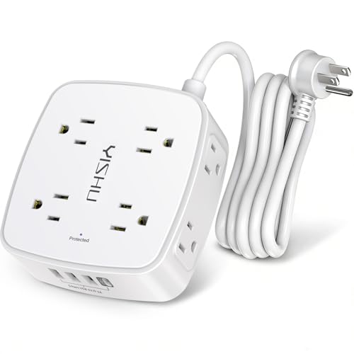 6 Ft Surge Protector Power Strip - 8 Widely Outlets with 4 USB Ports, 3 Side Outlet Extender with 6 Feet Extension Cord, Flat Plug, Wall Mount, Desk USB Charging Station, ETL,White