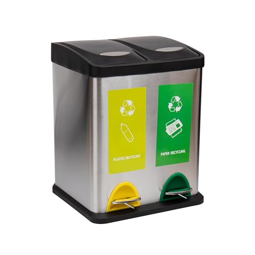 Mind Reader Dual Recycling Bin, Kitchen Trash Can, Garbage Bin, Lid, Stainless Steel, 18" L x 10.5" W x 15.5" H, Silver