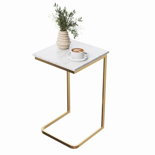 Lavish Home C-Shaped End Table- Marble Side Table with Gold Iron Frame 26 Tall