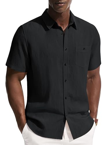 PJ PAUL JONES Mens Linen Shirts Short Sleeve Button Down Shirt Wrinkle Free Dress Shirt Casual Summer Shirt with Pocket Black M