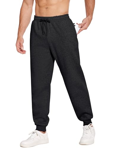 PINSPARK Men's Fleece Lined Joggers with Zipper Pockets Cotton Athletic Sweat Pants for Mens Casual Heavyweight Lounge Pants Charcoal