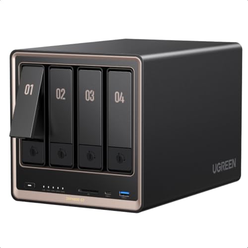 UGREEN NAS DXP4800 GT 4-Bay Desktop Network Attached Storage, AMD R2514 CPU, 8GB DDR4 RAM, 2X 10GbE, 2X M.2 NVMe Slots, 4K HDMI Ideal for Smart Home Enthusiasts, Creators, Office Teams (Diskless)