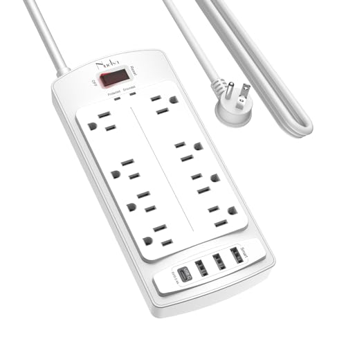 Surge Protector Power Strip - Nuetsa Flat Plug Extension Cord with 8 Outlets and 4 USB Ports, 10 Feet Power Cord (1625W/13A), 2700 Joules, ETL Listed, White