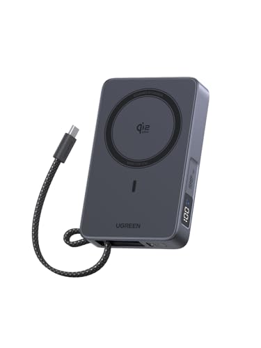 UGREEN MagFlow 10,000mAh Power Bank, Qi2 25W Certified Wireless Charging, Magnetic Portable Charger for MagSafe with Built-in Cable, 30W USB-C Battery Pack for iPhone 17 Pro Max/16/15/14/13/12, Grey
