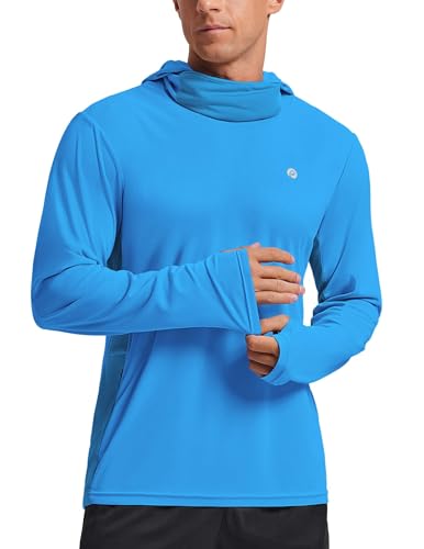 PINSPARK Fishing Hoodie Men UPF 50+ Sun Protection Face Mask Long Sleeve UV Shirts Rash Guard Angler Gear Lightweight Brilliant Blue