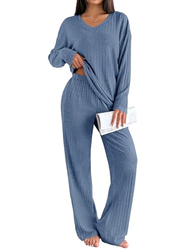 Ekouaer Lounge Sets for Women Long Sleeve Knit Ribbed Pajama Sets 2 Piece Casual Loungewear with Pockets