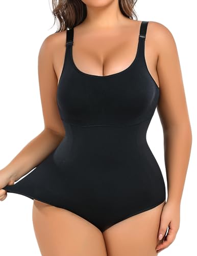 FANCMISTERY Plus Size Bodysuit Tummy Control Sleeveless Backless Tank Top Built in Bust Support Black Shapewear for Curvy Women (Black, XL)
