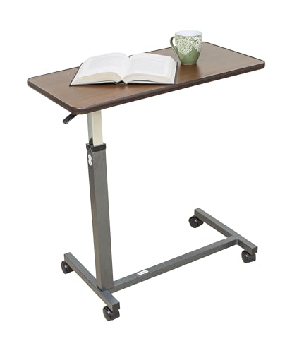 Essential Medical Supply Height Adjustable Automatic Overbed Table - Woodgrain Top with Locking Wheels, Perfect for Hospital and Home Use - Table for Easy Access and Convenience for Adults and Seniors