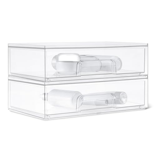 Amazon Basics Stackable Plastic Storage Makeup Organizer Drawers, Clear, 12.1" x 7.6" x 3.5", 2 Pack