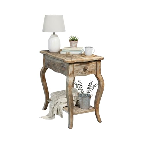 Alaterre Furniture Austerity Living Room Tables – 15 Inch Narrow Chairside Table with Drawer, Shelf, Scalloped Edges, & Curved Legs – Rustic Accent Side Table in Driftwood Finish