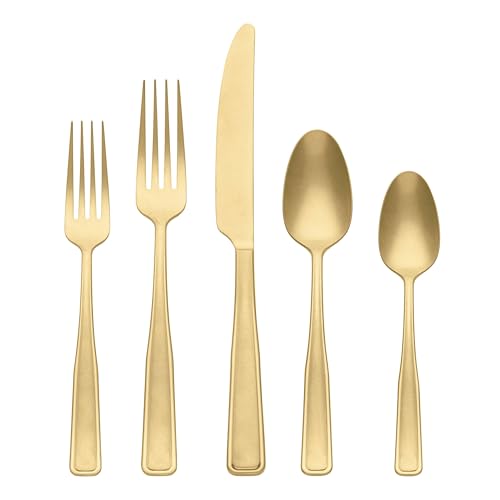 Oneida Silverware Set, Reid Vintage Champagne Tumbled 20 Piece Flatware Set, Service For 4, 18/0 Stainless Steel, Dishwasher Safe, Cutlery Sets, Utensils Sets, Knives Spoons And Forks(Gold, 20 Pieces)