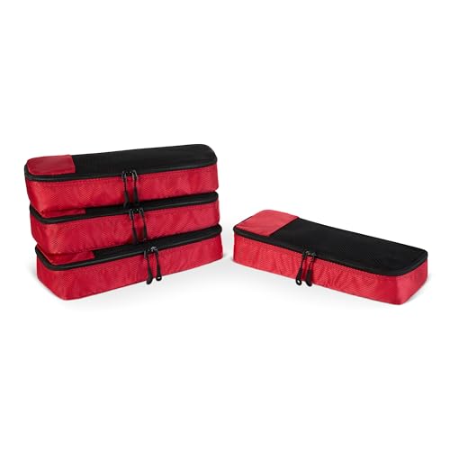 Amazon Essentials 4-Piece Space-Saving Packing Cubes Travel Accessories Set, Luggage Organizer with Double Zipper, Mesh Top, Polyester, Slim, Red (Previously Amazon Basics)