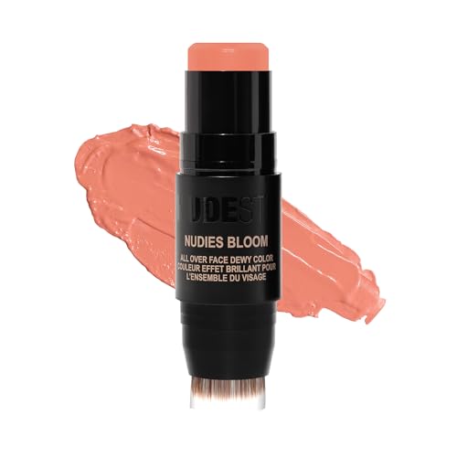 Nudestix Nudies Bloom All Over Dewy Color – 3-in-1 Cream Blush Stick for Cheeks, Eyes & Lips with Built-In Brush | Sheer, Glossy Finish | Vegan, Long-Wear, Multi-Use Makeup (Sweet Peach Peony)