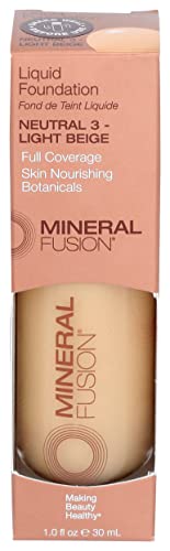 Mineral Fusion Full Coverage Foundation, Liquid Foundation - Neutral 3- Medium Complexion w/Neutral Undertones, Lightweight Matte Finish, Up to 12 Hr Hydration, Hypoallergenic & Vegan, 1 fl. oz