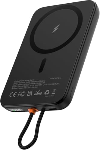AsperX Magnetic Power Bank, 10,000mAh Magnetic Battery Pack Built-in USB C Cable 22.5W PD Fast Charging, LCD Display, Wireless Portable Charger Compatible with iPhone 17/16/15/14/13/12 Series- Black