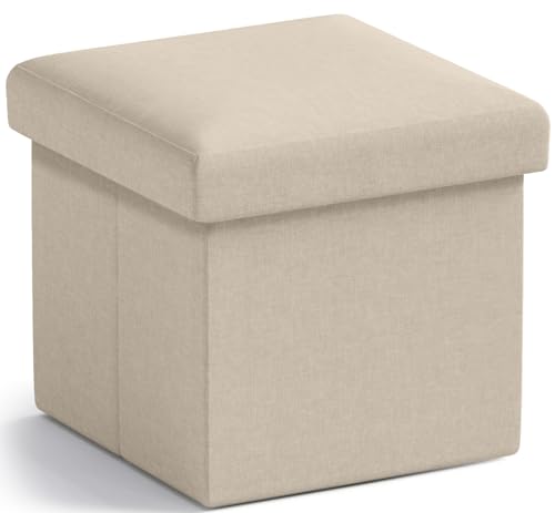 Ornavo Home Small Storage Ottoman Foldable Collapsible Cube Square Linen Ottoman Foot Rest Stool Seat, for Living Room, Bedroom, Home Office, Dorm - 12 x 12 x 12, Beige