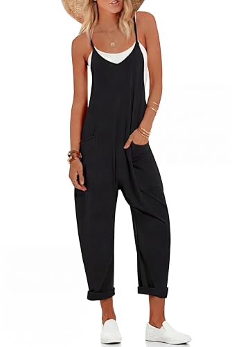 Ekouaer Womens Jumpsuit Sleeveless Casual Summer Overalls Jumpers Spaghetti Strap Baggy Long Pants Rompers with Pockets Black M