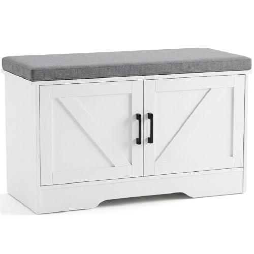 NEWBULIG Shoe Storage Bench for Entryway with Cushion, 27.6IN, White