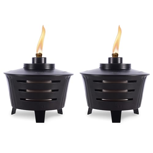 TIKI Mini Fire Pit Tabletop Torch 2-Pack, Outdoor Decorative TIKI Torch for Patio, Backyard, and Garden, Black Metal Tabletop Flame Torch, Includes Long Lasting Wick and Snuffer