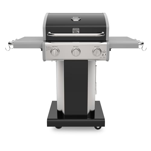 Kenmore 3-Burner Propane BBQ Grill, 30,000 BTUs Gas Grill with Cast Iron Cooking Grates, Folding Side Tables & Wheels, Outdoor Grill with Tool Hooks, Black