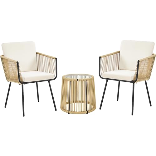 Yaheetech 3 Piece Patio Rattan Bistro Set, Outdoor All Weather PE Wicker Conversation Furniture Set with 2 Chairs & Tempered Glass Top Table & Cushions, for Poolside/Porch/Garden/Yard, Tan/Cream