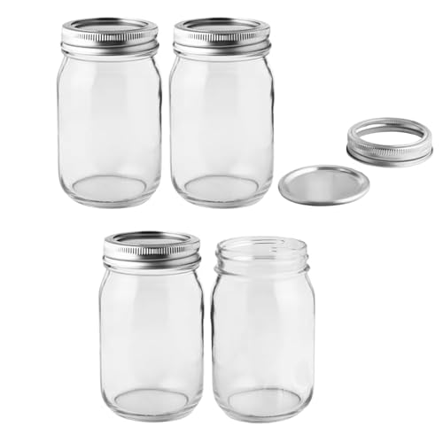 FastRack Regular Mouth Mason Jars 16 oz with Airtight Lids – Pack of 4 | Empty Glass Canning Jars for Food Storage, Fermentation, Pickling Canning, Meal Prep, Pantry Organization & Kombucha Brewing