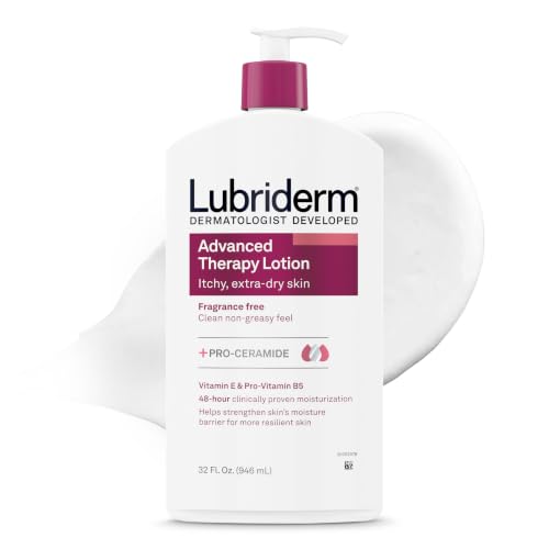 Lubriderm Advanced Therapy Body Lotion, Fragrance-Free Lotion for Extremely Dry Skin, Pro-Ceramide Hydration for Itchy, Dry, Sensitive Skin, Hand and Body Lotion, Non-Greasy, Hypoallergenic, 32 Fl Oz