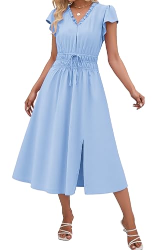 Angashion Womens Summer Midi Dresses Casual V Neck Cap Sleeve Empire Waist Elegant 2026 Flowy Solid Long Dress with Pockets SBL M Sky Blue