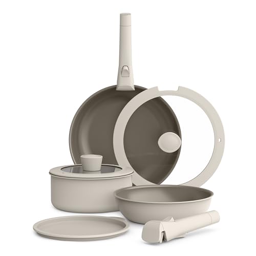 bella 8 Piece Cookware Set, Fits-anywhere™ Kitchenware w EverGood™ Ceramic Nonstick Coating​, Removable Handles, Dishwasher & Oven Safe, All Stovetops Compatible, Glass Lids w Silicone Rims, Oatmilk