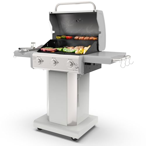 Kenmore 3-Burner Outdoor BBQ Grill | Liquid Propane Barbecue Gas Grill with Folding Sides, PG-A4030400LD-PE, Pedestal Grill with Wheels, 30000 BTU, Pearl White