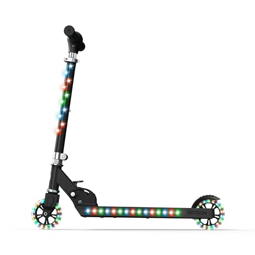 Jetson Scooters - Jupiter Kick Scooter (Black) - Collapsible Portable Kids Push Scooter - Lightweight Folding Design with High Visibility RGB Light Up LEDs on Stem, Wheels, and Deck