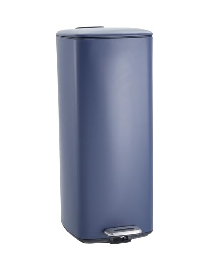 Garvee 8 Gallon Kitchen Trash Can, Stainless Steel Garbage Can with Lid and Inner Bucket, Step-On Square Trash Bin for Home Office Bedroom Bathroom Laundry Room, 30 Liter, Navy Blue