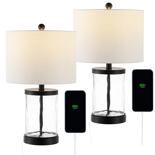 JONATHAN Y 21" Black Modern Industrial Water Glass Table Lamp Set of 2 with USB Charging Port, Iron Bedside Lamp for Bedroom Living Room, White Shade, LED Bulbs Included JYL4058A-SET2