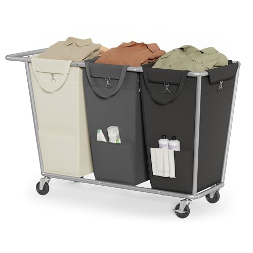SONGMICS Laundry Basket with Wheels, 3-Section Laundry Sorter, 76.6 Gallons (290 L) Rolling Hamper with Removable Bags, Heavy-Duty Steel Frame, Cream White, Dark Gray and Ink Black URLS010X01